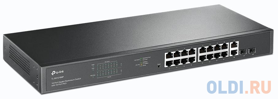 18-port gigabit Unmanaged switch with 16 PoE+ ports, 18 10/100/1000Mbps RJ-45 port, 2 combo SFP ports, compliant with 802.3af/at, 250W PoE budget, support 802.1p/DHCP QoS, plug and play, 1U 19-inch rack mountable TL-SG1218MP - фото 2