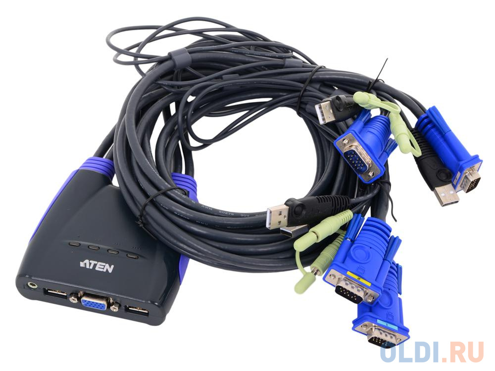 Переключатель KVM ATEN (CS64UZ-AT) KVM+Audio,  1 user USB+VGA =  4 cpu USB+VGA, со встр.шнурами USB 4x1.2м., 2048x1536, настол., исп.стандарт.шнуры,