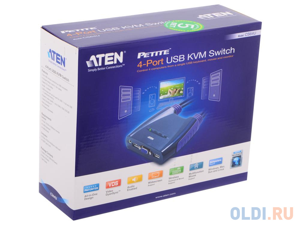 Переключатель KVM ATEN (CS64UZ-AT) KVM+Audio,  1 user USB+VGA =  4 cpu USB+VGA, со встр.шнурами USB 4x1.2м., 2048x1536, настол., исп.стандарт.шнуры, от OLDI