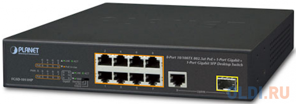8-Port 10/100TX 802.3at PoE + 1-Port 10/100/1000T + 1-Port 100/1000X SFP Desktop Switch (120W PoE Budget, Standard/VLAN/Extend mode, 10-inch and rack- FGSD-1011HP - фото 1