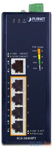 PLANET IP30 5-Port Gigabit Switch with 4-Port 802.3AT POE+ (-40 to 75 C) IGS-504HPT - фото 1