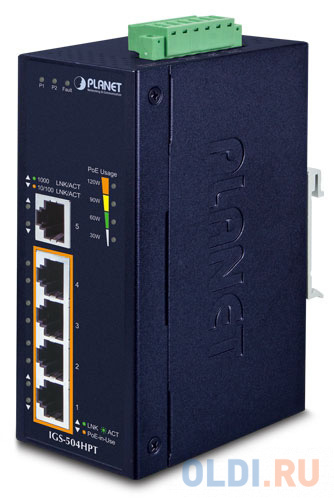 PLANET IP30 5-Port Gigabit Switch with 4-Port 802.3AT POE+ (-40 to 75 C) IGS-504HPT - фото 2