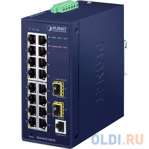 PLANET IGS-4215-16T2S IP30 Industrial L2/L4 16-Port 10/100/1000T + 2-Port 100/1000X SFP Managed Switch (-40~75 degrees C, dual redundant power input o
