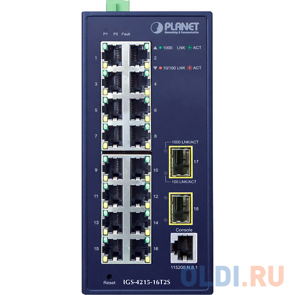 PLANET IGS-4215-16T2S IP30 Industrial L2/L4 16-Port 10/100/1000T + 2-Port 100/1000X SFP Managed Switch (-40~75 degrees C, dual redundant power input o фото