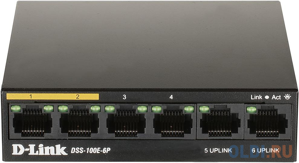 DSS-100E-6P/A1A Неуправляемый коммутатор с 6 портами 10/100Base-TX (4 порта PoE 802.3af/at, PoE-бюджет 55 Вт, дальность до 250 м) {10}  (461910) коммутатор d link des 1024d g1a неуправляемый 24 порта 10 100mbps