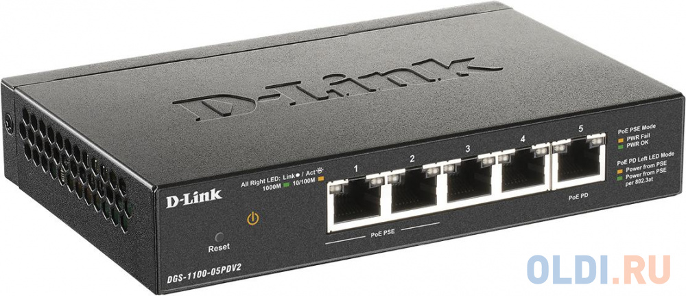 D-Link DGS-1100-05PDV2/A1A, L2 Smart Switch with 4 10/100/1000Base-T ports and 1 10/100/1000Base-T PD port(2 PoE ports 802.3af (15,4 W), PoE Budget 18 DGS-1100-05PDV2/A1A - фото 2