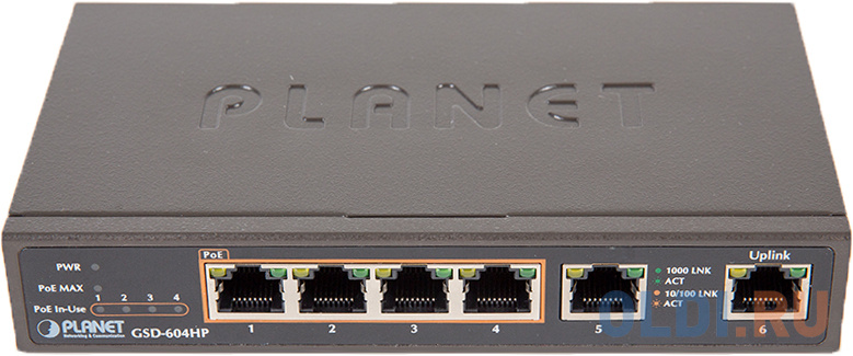 PLANET 4-Port 10/100/1000T 802.3at POE + 2-Port 10/100/1000T Desktop Switch (55W POE Budget, External Power Supply) GSD-604HP - фото 1