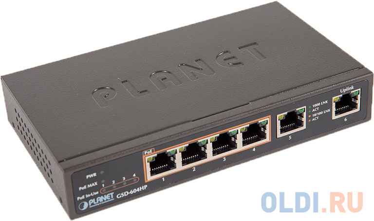 PLANET 4-Port 10/100/1000T 802.3at POE + 2-Port 10/100/1000T Desktop Switch (55W POE Budget, External Power Supply) GSD-604HP - фото 2