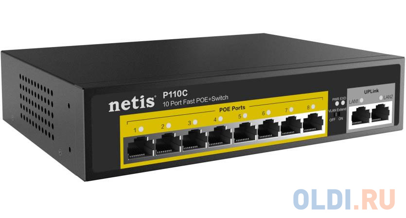 Коммутатор Netis 10-портовый PoE+ коммутатор Fast Ethernet / 8*PoE+ 2 порта 802.3af/802.3at от OLDI