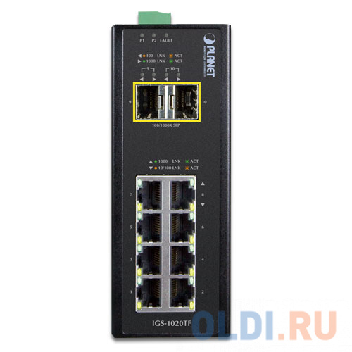 PLANET IP30 Industrial 8-Port 10/100/1000T + 2-Port 100/1000X SFP Ethernet Switch (-40~75 degrees C) IGS-1020TF - фото 2
