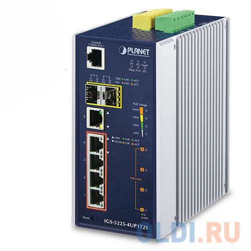 PLANET IP30 Industrial L2+/L4 4-Port 60W 1000T Ultra PoE+ 1-Port 1000T + 2-port 100/1000X SFP Full Managed Switch (-40 to 75 C, dual redundant power i IGS-5225-4UP1T2S - фото 1
