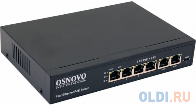 OSNOVO PoE коммутатор 6 портов, 4 PoE порта 10/100 Base-T, 2*10/100 Base-T Uplink, до 30W на порт, суммарно до 80W SW-20600(80W) - фото 1