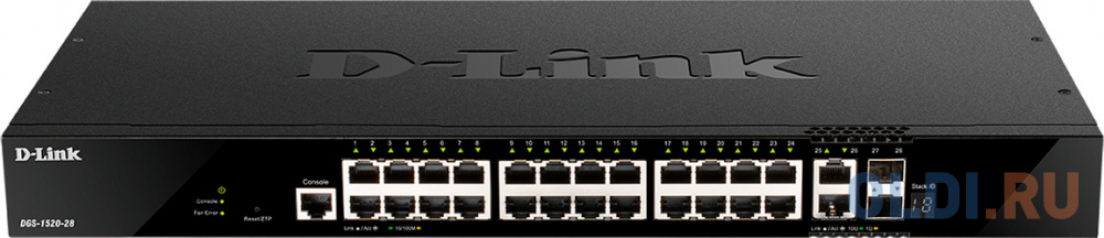 D-Link DGS-1520-28/A1A Управляемый L3 стекируемый коммутатор с 24 портами 10/100/1000Base-T, 2 портами 10GBase-T и 2 портами 10GBase-X SFP+ коммутатор d link dxs 3600 16s b1aei управляемый 8 портов 10 100 1000mbps sfp l3 10g switch with one expansion slot