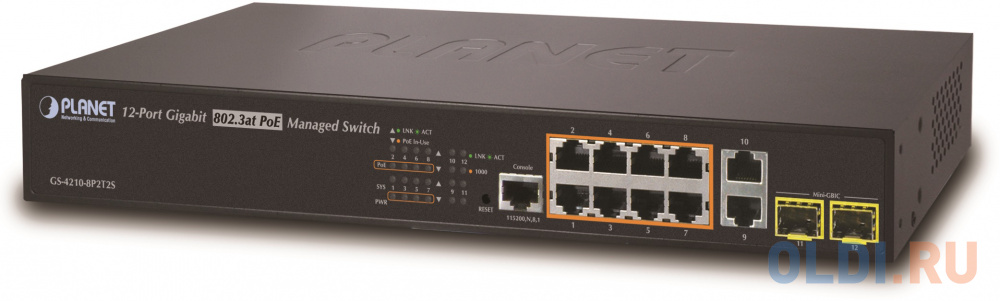 PLANET IPv4/IPv6, 8-Port Managed 802.3at POE+ Gigabit Ethernet Switch + 2-Port 10/100/1000Mbps RJ45 + 2-Port 100/1000X SFP (240W) GS-4210-8P2T2S - фото 1