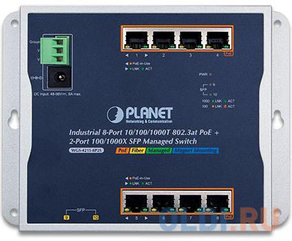 IP30, IPv6/IPv4, 8-Port 1000T 802.3at PoE + 2-Port 100/1000X SFP Wall-mount Managed Ethernet Switch (-40 to 75 C, dual power input on 48-56VDC termina WGS-4215-8P2S - фото 1
