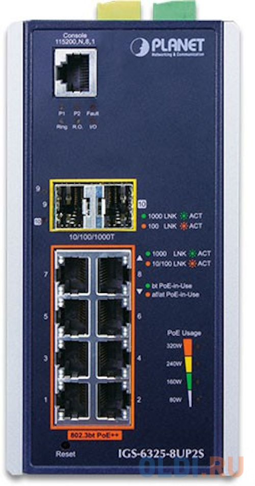 PLANET IGS-6325-8UP2S IP30 DIN-rail Industrial L3 8-Port 10/100/1000T 802.3bt PoE + 2-port 1G/2.5G SFP Full Managed Switch (-40 to 75 C, 8-port 95W Po фото