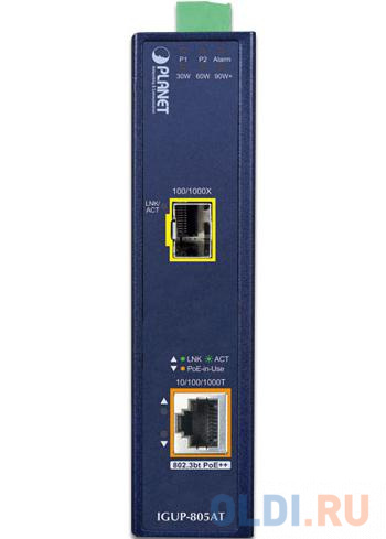 PLANET IGUP-805AT Industrial 1-Port 100/1000X SFP to 1-Port 10/100/1000T 802.3bt PoE++ Media Converter (802.3bt Type-4, PoH, Legacy, Force mode suppor - фото 1