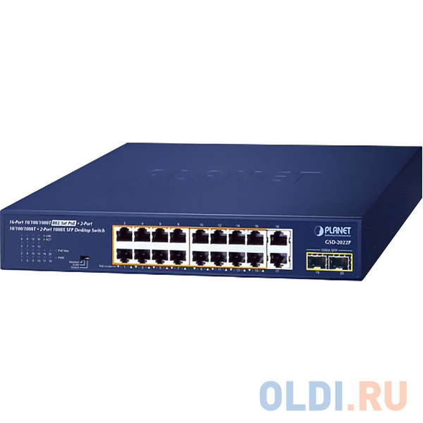 PLANET GSD-2022P 16-Port 10/100/1000T 802.3at PoE + 2-Port 10/100/1000T + 2-Port 1000X SFP Unmanaged Gigabit Ethernet Switch (185W PoE Budget, Standar 2 port usb kvm switch