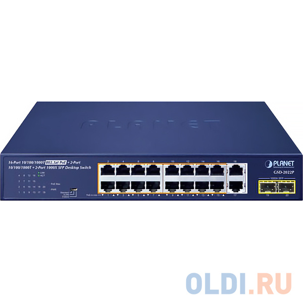 PLANET GSD-2022P 16-Port 10/100/1000T 802.3at PoE + 2-Port 10/100/1000T + 2-Port 1000X SFP Unmanaged Gigabit Ethernet Switch (185W PoE Budget, Standar фото