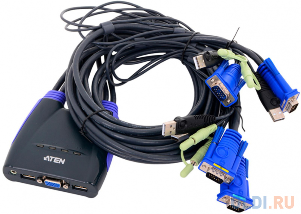 Переключатель KVM ATEN CS64US-AT KVM+Audio,  1 user USB+VGA =  4 cpu USB+VGA, со встр.шнурами USB 2x0.9м.+2x1.2м., 2048x1536, настол., исп.стандарт.шн
