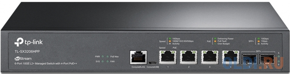TP-Link TL-SX3206HPP JetStream управляемый коммутатор 10 Гбит/с уровня 2+ с четырьмя портами PoE++ и двумя слотами SFP+ d link dgs 1520 52 a1a управляемый l3 стекируемый коммутатор с 48 портами 10 100 1000base t 2 портами 10gbase t и 2 портами 10gbase x sfp