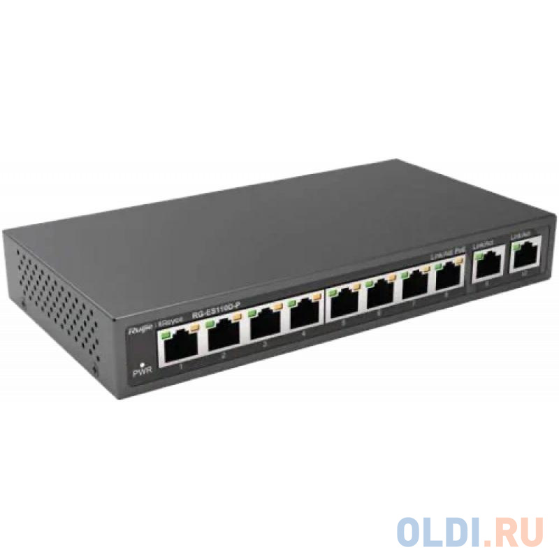 Reyee 8-Port 100Mbps + 2 Uplink Port 1000Mbps, 8 of the ports support PoE/PoE+ power supply. Max PoE power budget is 110W, unmanaged switch, desktop RG-ES110D-P - фото 1