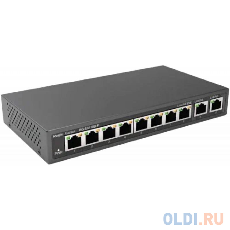 

Reyee 8-Port 100Mbps + 2 Uplink Port 1000Mbps, 8 of the ports support PoE/PoE+ power supply. Max PoE power budget is 110W, unmanaged switch, desktop