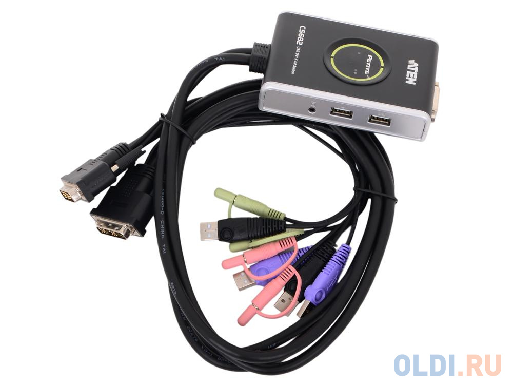 Переключатель KVM ATEN (CS682-AT) KVM+Audio, 1 user USB+DVI-D = 2 cpu USB+DVI-D, со встр.шнурами USB+Audio 2x1.2м., 1920x1200, настол., исп.стандарт - фото 1