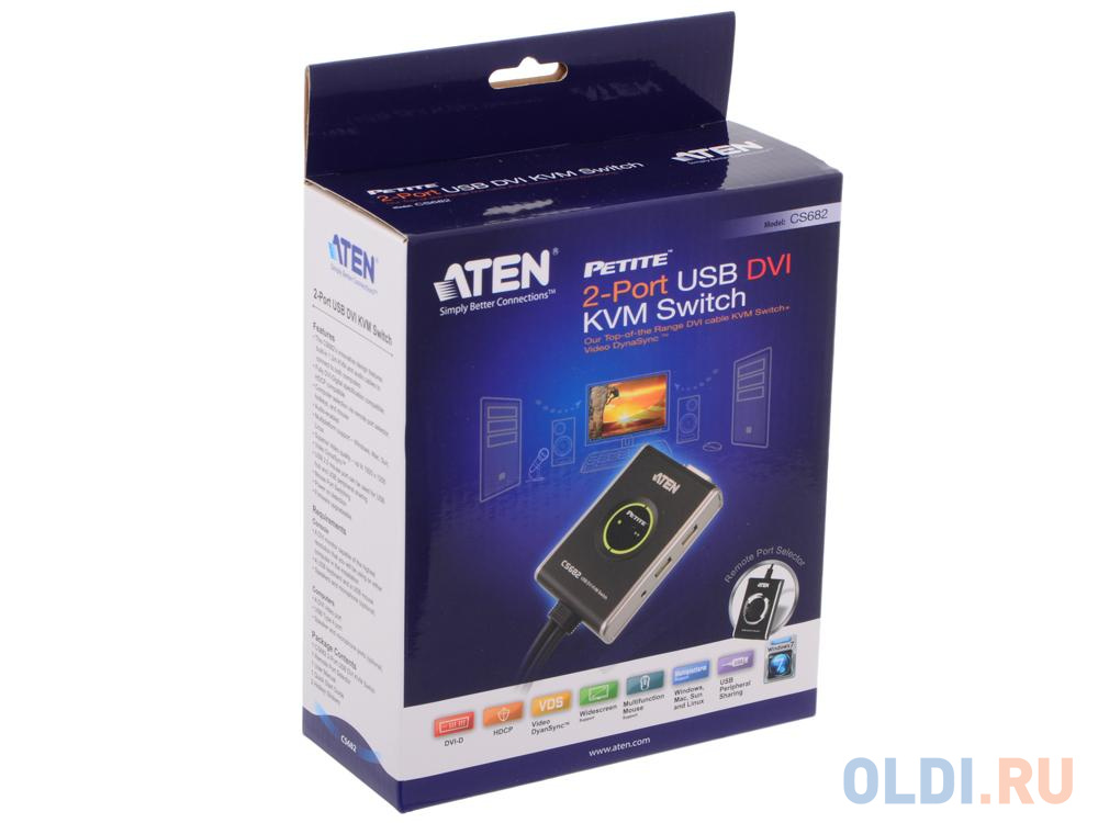 Переключатель KVM ATEN (CS682-AT) KVM+Audio, 1 user USB+DVI-D = 2 cpu USB+DVI-D, со встр.шнурами USB+Audio 2x1.2м., 1920x1200, настол., исп.стандарт. фото
