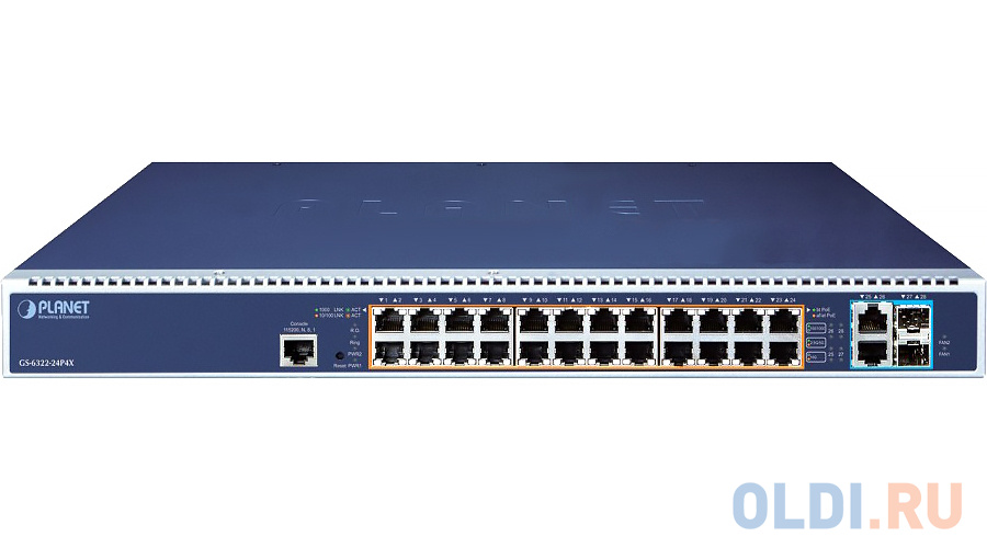 коммутатор/ PLANET GS-6322-24P4X L3 24-Port 10/100/1000T 95W 802.3bt PoE + 2-Port 10GBASE-T + 2-Port 10G SFP+ Managed Switch with dual modular power s custom energy disk with 7 color silicone protective ring