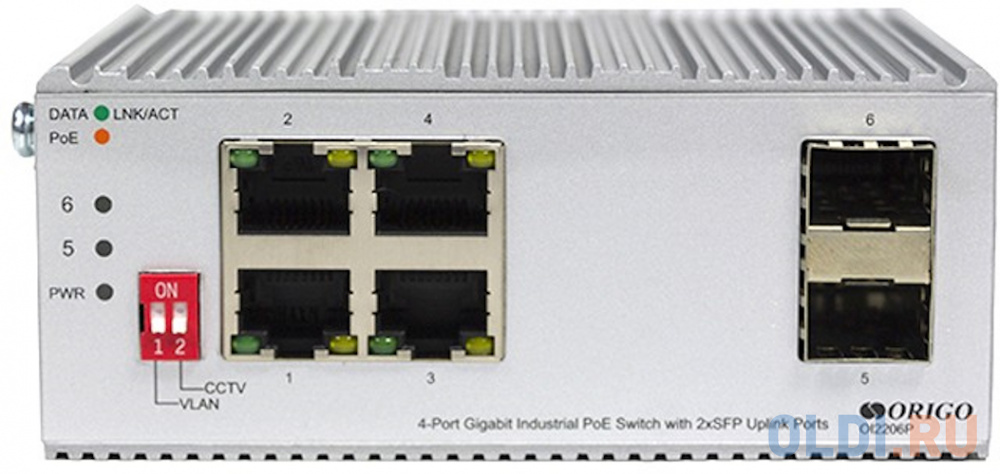 Unmanaged Industrial Switch 4x1000Base-T PoE, 2x1000Base-X SFP, PoE Budget 60W, Surge 4KV, -40 to 75°C