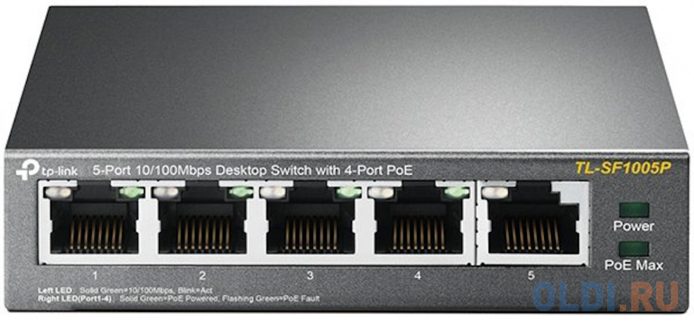 DAHUA DH-SF1005P 5-портовый неуправляемый коммутатор с РоЕ, 4xRJ45 100Mb PoE, 1xRJ45 100Mb uplink, суммарно 60Вт, коммутация 1.8 Гбит/с, MAC-таблица 2 - фото 1