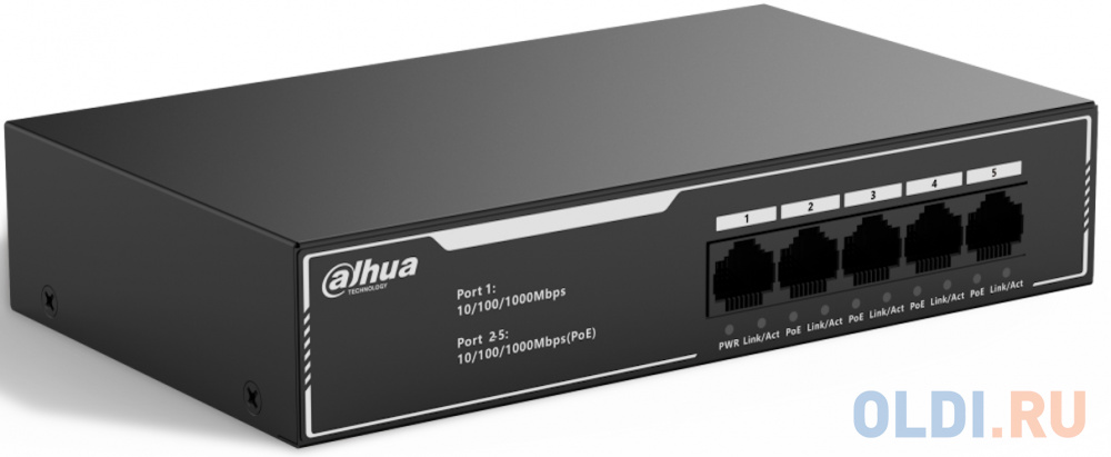 DAHUA DH-SG1005LP 5-портовый гигабитный неуправляемый коммутатор c PoE, 4xRJ45 1Gb PoE, 1xRJ45 1Gb uplink, суммарно 36Вт, коммутация 10 Гбит/с, MAC-та