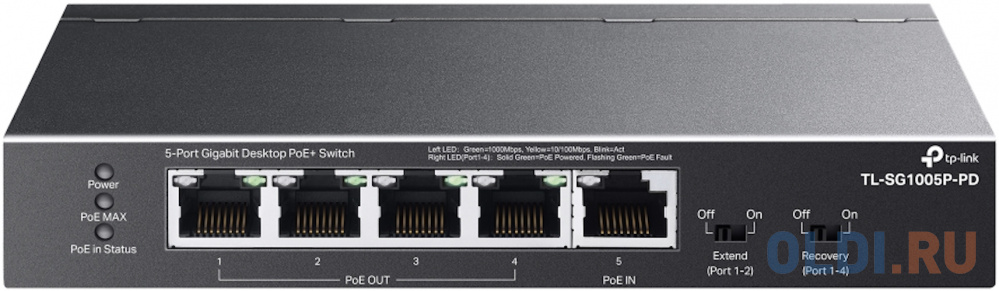TP-Link TL-SG1005P-PD, Настольный коммутатор с 5 гиг. портами (1 порт с входящим PoE++, 4 порта с исходящим PoE+), бюджет PoE: 9, 21, 47 или 66 Вт (за