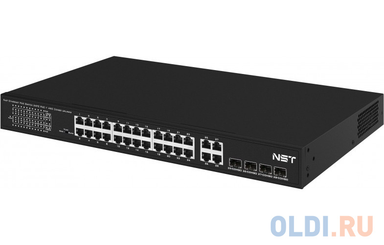 PoE коммутатор Fast Ethernet на 24 x RJ45 портов + 4 x GE Combo uplink порта. Порты: 24 x FE (10/100 Base-T) с поддержкой PoE (IEEE 802.3af/at), 4 x G NS-SW-24F4G-P - фото 3