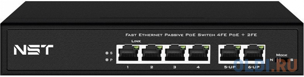 Passive PoE коммутатор Fast Ethernet на 6 портов. Порты: 4 х FE (10/100 Base-T, 52V 4,5(+) 7,8(–)) совместимы с PoE (IEEE 802.3af/at), 2 x FE (10/100 NS-SW-4F2F-P/A - фото 1