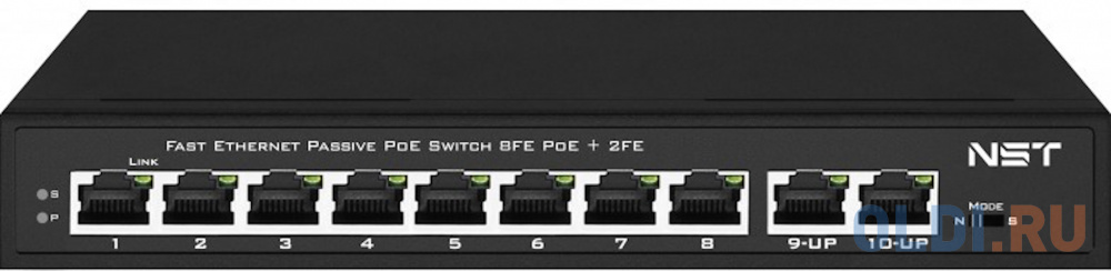 Passive PoE коммутатор Fast Ethernet на 10 портов. Порты: 8 х FE (10/100 Base-T, 52V 4,5(+) 7,8(–)) совместимы с PoE (IEEE 802.3af/at), 2 x FE (10/100