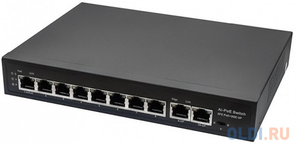 PoE коммутатор Fast Ethernet на 10 RJ45 портов. Порты: 8 x FE (10/100 Base-T) с поддержкой PoE (IEEE 802.3af/at), 2 x GE (10/100/1000 Base-T). Соответ NS-SW-8F2G-P - фото 1