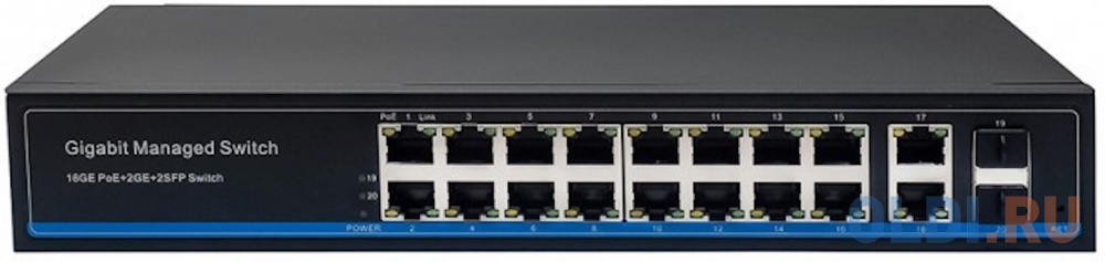 Управляемый L2 PoE коммутатор Gigabit Ethernet на 16 RJ45 PoE + 2 x RJ45 + 2 GE SFP портов. Порты: 16 x GE (10/100/1000 Base-T) с поддержкой PoE (IEEE NS-SW-16G4G-PL - фото 1