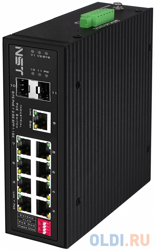 Промышленный PoE коммутатор Fast Ethernet на 8 FE RJ45 PoE + 1 GE RJ45 + 2 GE SFP порта. Порты Ethernet: 8x10/100Base-T, 1x10/100/1000Base-T, 2x1000Ba