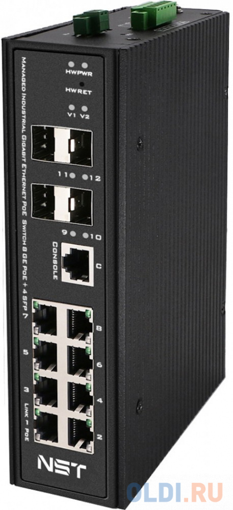 Промышленный управляемый (L2+) HiPoE коммутатор Gigabit Ethernet на 8GE PoE + 4 GE SFP порта с функцией мониторинга температуры/ влажности/ напряжения NS-SW-8G4G-PL/IM - фото 1