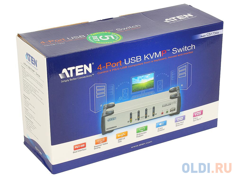 Переключатель ATEN KVM Switch CS1734B-A7-G 4 cpu PS2/USB+VGA, со шнурами USB 2х1.2м.+2х1.8м., 2048x1536, настол., исп.спец.шнуры, OSD, некаскад - фото 6