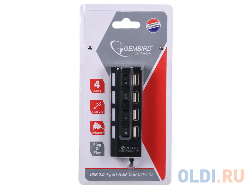 Концентратор USB 2.0 Gembird UHB-U2P4-02 с подсветкой и выключателем, 4 порта, блистер фото