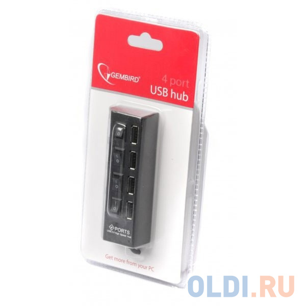Концентратор USB 2.0 Gembird UHB-U2P4-02 с подсветкой и выключателем, 4 порта, блистер фото