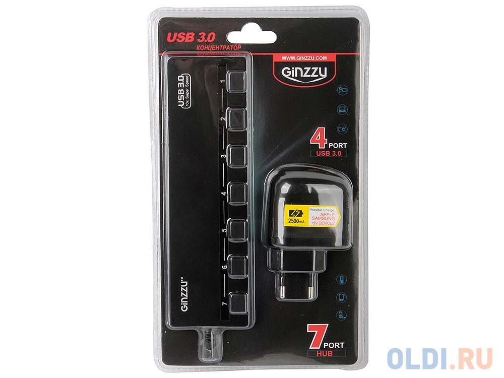 Концентратор USB 3.0 Ginzzu GR-388UAB (7 портов (4+3), БП) от OLDI
