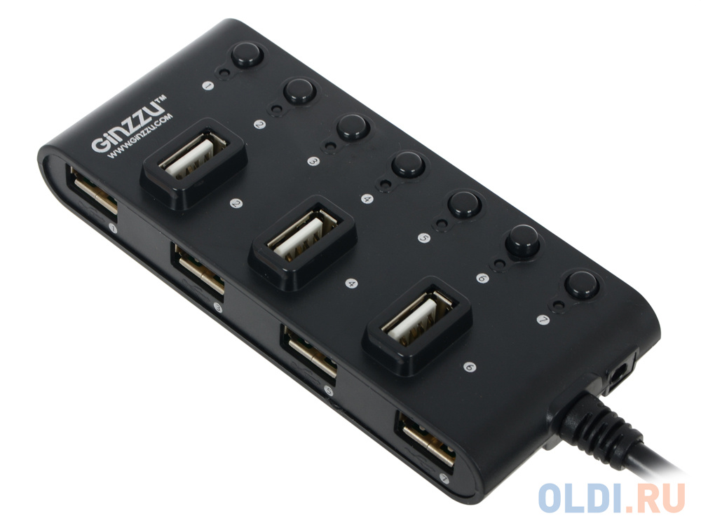 Концентратор USB 2.0 Ginzzu GR-487UB (7 портов, Black) фото