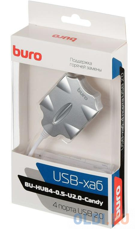 Разветвитель USB 2.0 Buro BU-HUB4-0.5-U2.0-Candy 4порт. серебристый от OLDI