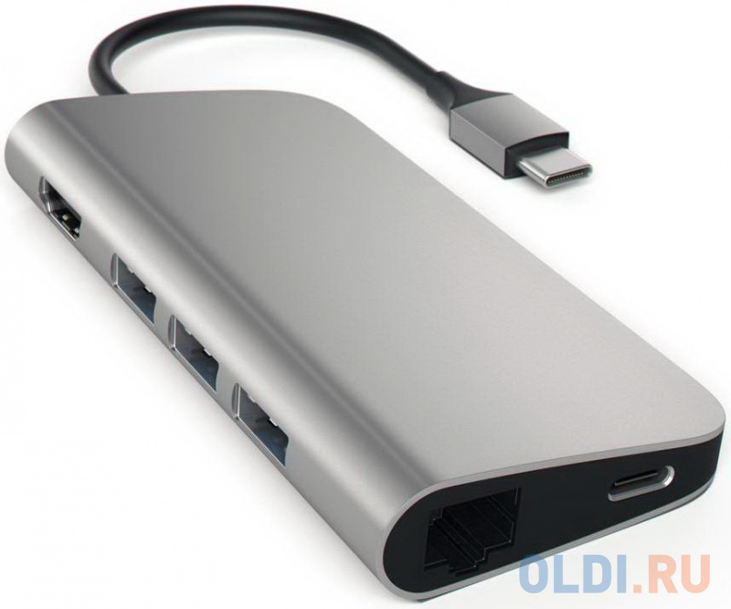 

USB адаптер Satechi Aluminum Multi-Port Adapter 4K with Ethernet. Интерфейс USB-C. Порты: USB Type-C, 3хUSB 3.0, 4K HDMI, Ethernet RJ-45, SD / micro-S