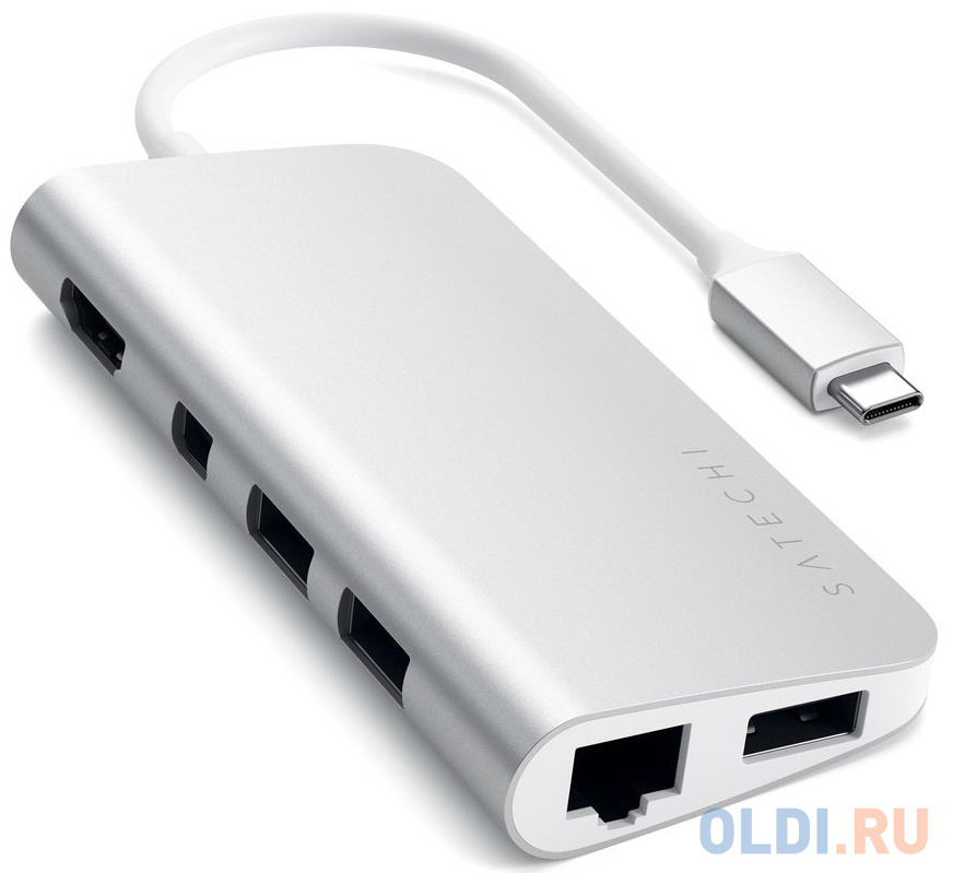 USB адаптер Satechi Aluminum Type-C Multimedia Adapter. Интерфейс USB-C. Порты USB Type-C Power Delivery (49W), 3хUSB 3.0, 4K HDMI (30Hz), 4K mini DisplayPort (30Hz), Gigabit Ethernet, micro/SD. Цвет серебряный