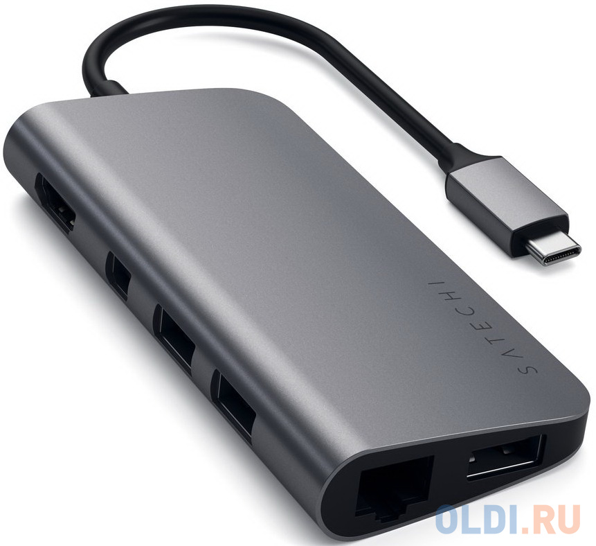 USB адаптер Satechi Aluminum Type-C Multimedia Adapter. Интерфейс USB-C. Порты USB Type-C Power Delivery (49W), 3хUSB 3.0, 4K HDMI (30Hz), 4K mini DisplayPort (30Hz), Gigabit Ethernet, micro/SD. Цвет серый космос. от OLDI